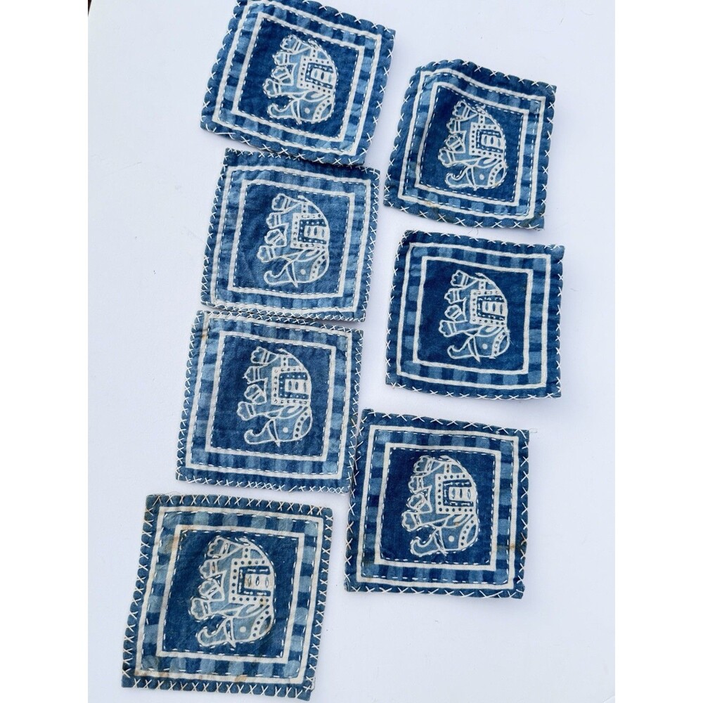 Set Of Seven Handmade Indigo Wax Batik Elephant, Print, Cotton Coasters, ￼￼